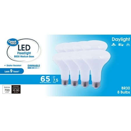Great Value BR30 LED Floodlight Bulb  7.5 Watt (65W Equivalent) Daylight Dimmable E26 Base (8 Pack)