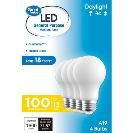 Great Value 18YR A19 LED Light Bulb  13W (100W Equivalent) Dimmable Daylight E26 Medium Base (3pack)
