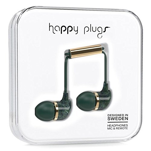 Happy Plugs in-Ear Fashionable Headphones - Comfortable Earbuds with Microphone, Works with Cell Phone, 3.5 Mm TRSS Headphone Jack, (Green Marble)