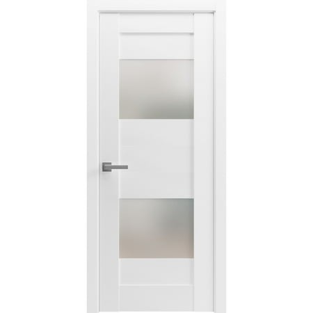Solid French Pre-Hung Door Opaque Glass 2 Lites / Sete 6222 White Silk / Single Regular Panel Frame Handle / Bathroom Bedroom Modern Doors -18  X 84