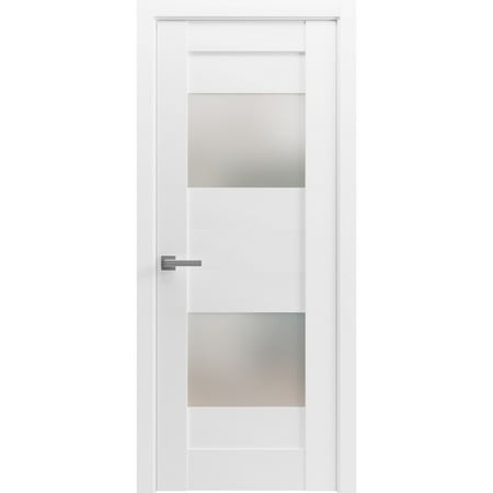 Solid French Pre-Hung Door Opaque Glass 2 Lites / Sete 6222 White Silk / Single Regular Panel Frame Handle / Bathroom Bedroom Modern Doors -30  X 80