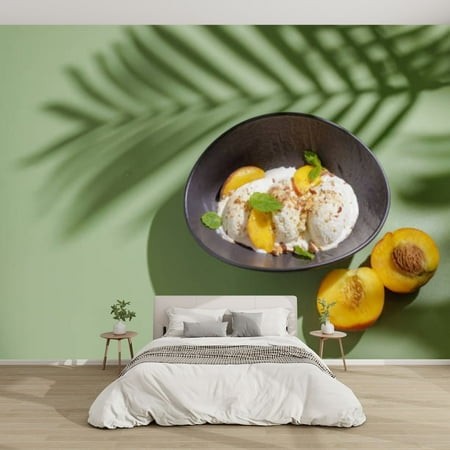 Modern Wallpaper Murals 3D Three Scoops Ice Cream Peach Slices Dark Plate Green Shadow from Palm Peel and Stick Removable Self-Adhesive PVC Wall Stick
