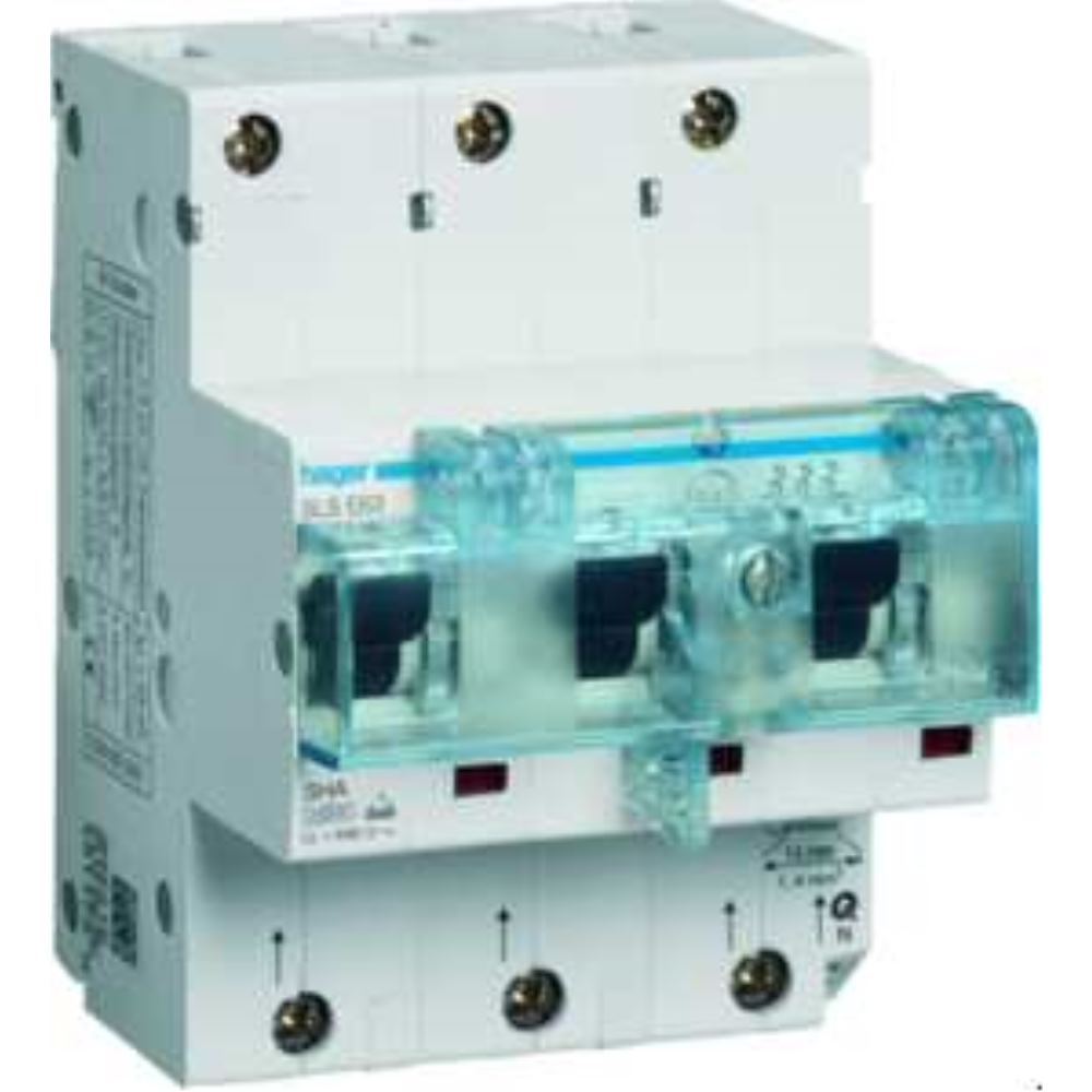 Hager HTN363E. Anzahl Der Pole: 3P, Produktfarbe: Blau, Grau, Spulenspannung: 690 V. AC Eingangsspannung: 230/400 V, Nominale Stromabgabe: 63 a. Breit