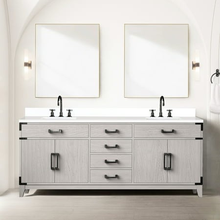 Double Bath Vanity in White Oak with Cultured Marble Surface and Soft Closer Door Sealed Counter Storage
