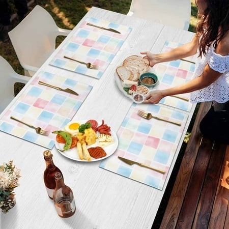Placemats Set of 6  Spring Easter Buffalo Plaid Burlap Placemat Heat Proof Non Slip Place Mats for Kitchen Dining Table 19X13 Inch Pink Blue Yellow Ta
