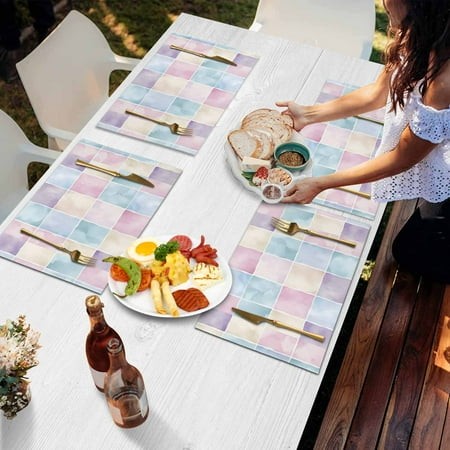 Placemats Set of 6  Easter Buffalo Plaid Burlap Placemat Heat Proof Non Slip Place Mats for Kitchen Dining Table 19X13 Inch Spring Pink Blue Purple Ch