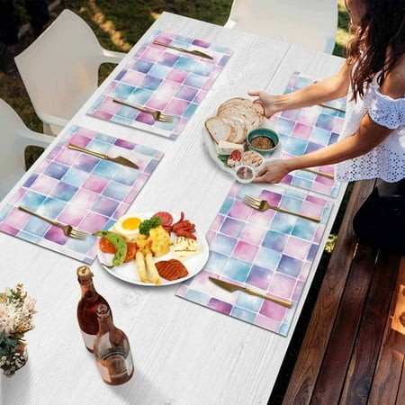 Placemats Set of 6  Blue Pink Purple Plaid Burlap Placemat Heat Proof Non Slip Place Mats for Kitchen Dining Table 19X13 Inch Buffalo Check Spring Eas