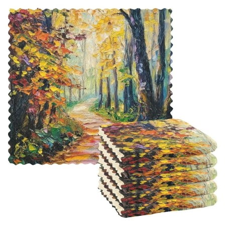 6 Pieces Thickened Double Polyester Fleece Kitchen Towel - 28x28cm Strongly Absorb Water & Oil Stain Removal，Oil Painting Small Path