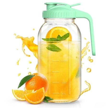 Glass Mason Jar Pitcher with Handle and Flip Cap 64 Oz (2 Quart) Wide Mouth Water Pitcher with Pour Spout Lids Airtight Leak Proof  Juice  Milk  Tea  