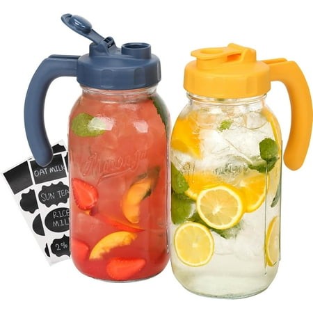 Glass Mason Jar Pitcher with Lid  Wide Mouth Flip Cap Pour Spout Leak-proof Lid with Handle  64 Oz (2 Quart / 1.9 Liter)  for Sun Tea/Iced Tea/Juice/C