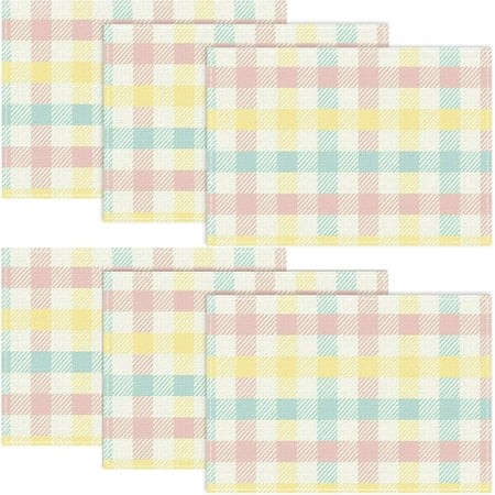 Buffalo Plaid Blue Pink Yellow Spring Easter Placemats Set of 6  12x18 Inch Table Mats Easter Decor for Holiday Party Kitchen Dining Room Decoration