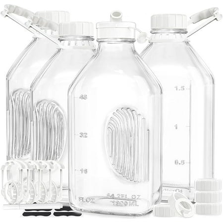 4-Pack 2 Qt Glass Milk Bottles with Handle and Airtight Reusable Lids - 64 Oz Glass Juice & Water Bottles  Milk Jug Pitcher