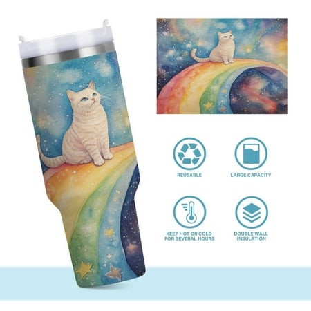 DIXRUYEE Steel Water Bottles Tumbler Creative Celestial Cat on a Rainbow Path Pattern 40oz/30oz