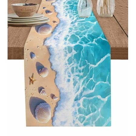 Table Runner Dresser Scarf 14 X 72 Inch Summer Beach Ocean Starfish Shell Spray Waves Sand Table Runners Non-Slip Heat Kitchen Dining Table Decor for 