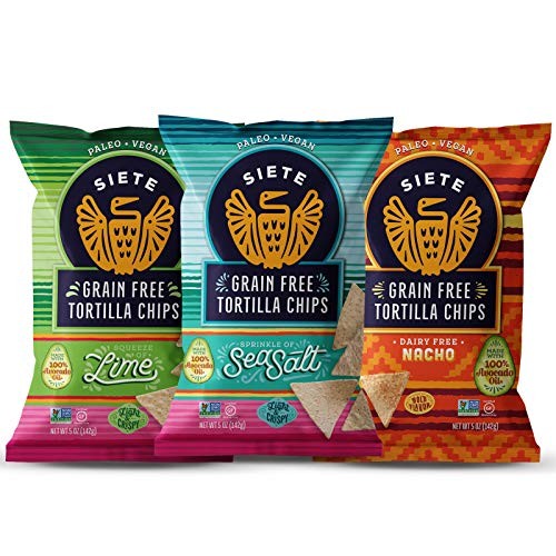 Siete Grain Free Tortilla Chips | Gluten Free Chips | Paleo & Vegan Snacks | Non GMO | Variety Pack, Lime, Sea Salt, Nacho, 5 Ounce (Pack of 6)