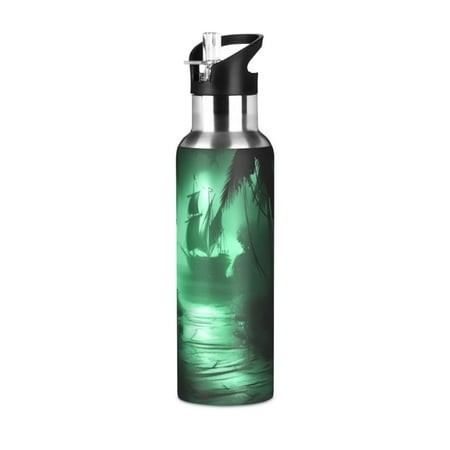Water Bottles 34oz Straw Lid Wide Mouth Stainless Steel for School Sport Travel Path Leading to Boat in Fog