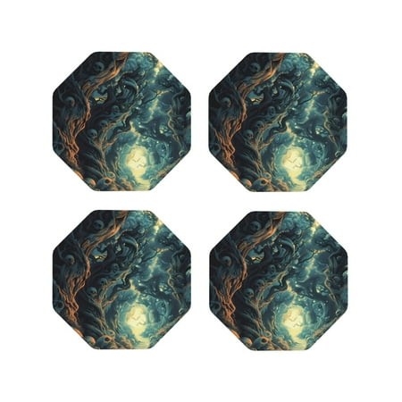 Disketp Enchanted Forest Skull Path Funny Coasters 4 Pcs Leather Coasters with Holder  Perfect Housewarming Hostess Gifts Protect Furniture from Water