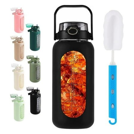 64 Oz Glass Water Bottle with Lid and Handle Half Gallon Water Bottle with Time Marker Large Water Bottle with Silicone Sleeve for Coffee  Juice Homem