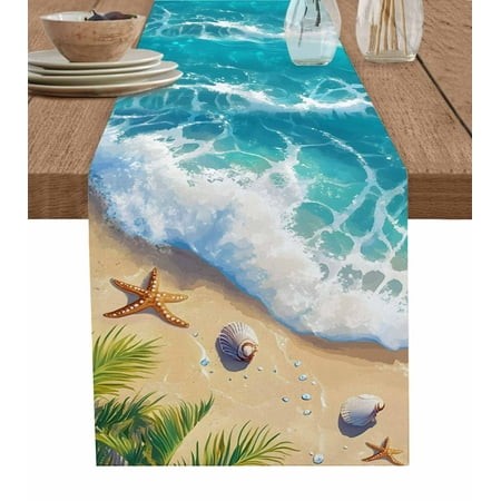 Table Runner Dresser Scarf 14 X 72 Inch Summer Beach Ocean Starfish Shell Spray Leaf Waves Sand Table Runners Non-Slip Heat Kitchen Dining Table Decor