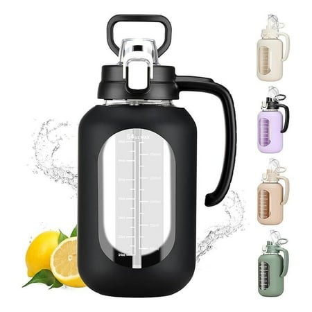 64 Oz Glass Water Bottle with Lid and Handle Half Gallon Water Bottle with Time Marker Large Water Bottle with Silicone Sleeve for Coffee  Juice Homem