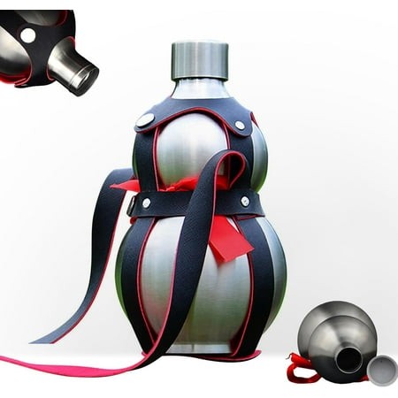Stainless Steel Gourd Bottle  64 Oz Metal Gourd Water Bottle  Portable Drinking Gourd with Brown Strap  Bottle Gourd for Juice  Milk  Wine  Drinks