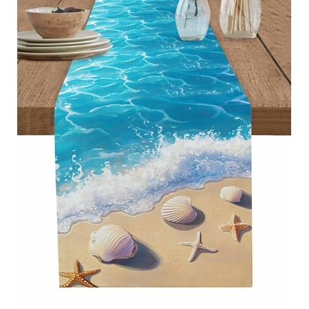 Table Runner Dresser Scarf 14 X 72 Inch Summer Beach Shell Starfish Spray Ocean Waves Sand Table Runners Non-Slip Heat Kitchen Dining Table Decor for 