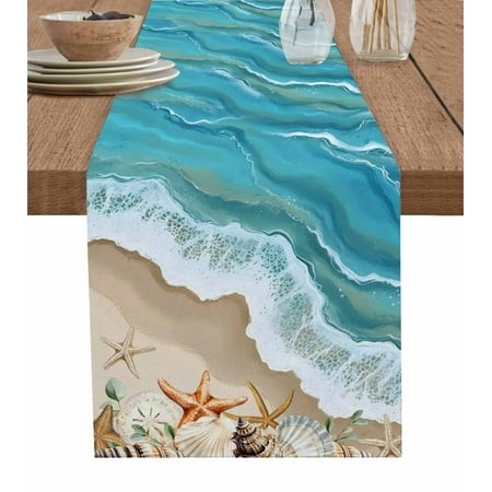 Table Runner Dresser Scarf 14 X 72 Inch Summer Beach Spray Ocean Waves Sand Seashell Starfish Table Runners Non-Slip Heat Kitchen Dining Table Decor f