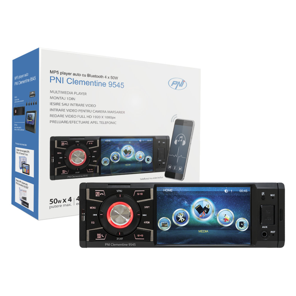 MP5 Player Clementine 9545 1DIN Display 4 Inch, 50Wx4, Bluetooth, FM Radio, SD and USB, 2 RCA Video