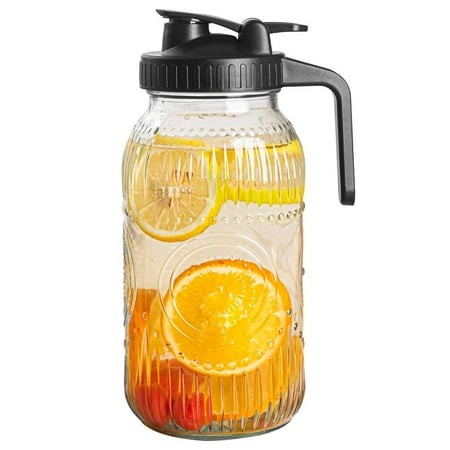 Vintage Half Gallon Mason Jar Pitcher Large 64 Oz Wide Mouth with Lid - 2 Quart Airtight Glass Jug for Water  Juice  Milk  Tea  Iced Coffee and Drinks