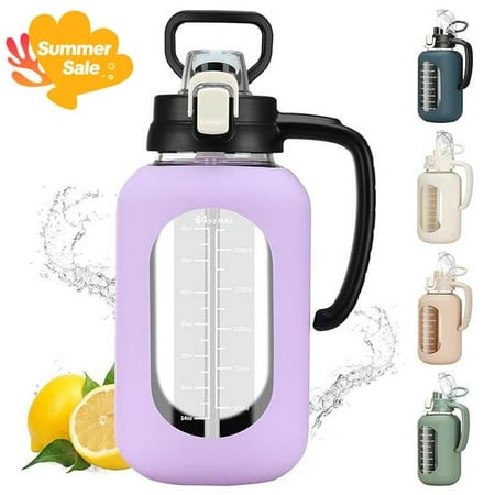 64 Oz Glass Water Bottle with Lid and Handle Half Gallon Water Bottle with Time Marker Large Water Bottle with Silicone Sleeve for Coffee  Juice Homem