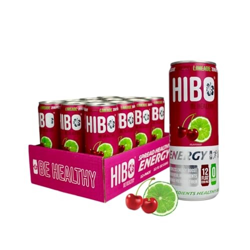 All Natural Zero Sugar, HIBO Energy Drink, Cherry Limeade 12 FL OZ (Pack of 12) - Gut Healthy Fiber - Sugar Free - Preservative Free - Natural Energy 