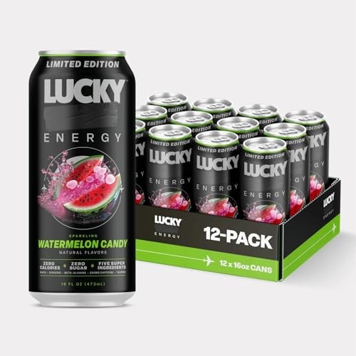 Lucky Energy Sugar Free Energy Drinks 16 Fl Oz Cans (12-Pack) Watermelon Candy with Maca, Ginseng, Taurine, Beta-Alanine, 200mg Caffeine, Zero Calorie