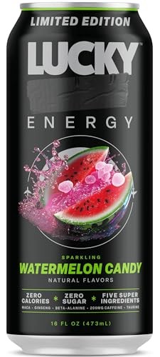 Lucky Energy Sugar Free Energy Drinks 16 Fl Oz Cans (12-Pack) Watermelon Candy with Maca, Ginseng, Taurine, Beta-Alanine, 200mg Caffeine, Zero Calorie thumbnail