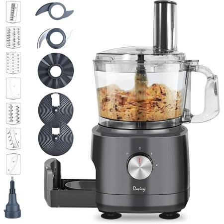 Food Processor 7 Cup  Built-in Storage Drawer Small Food Processors with 10 Set Blades French Fry Cutting Wavy Slicing for Home Use 3-Speed  Grey 600W
