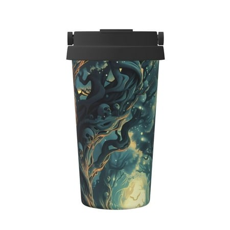 Qekee Enchanted Forest Skull Path Print Insulated Coffee Mug Coffee Tumbler Cup  Thermos Mug Water Bottle with Handle & Flip