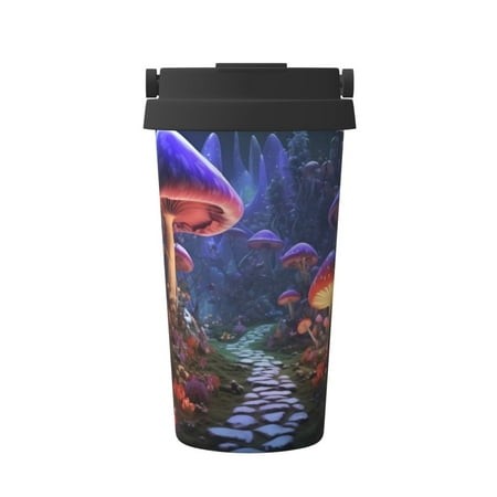 Xecao Jungle Path Glowing Mushrooms Pattern Insulated Coffee Mug with Handle & Flip Thermos Mug Water Bottle Coffee Tumbler Cup