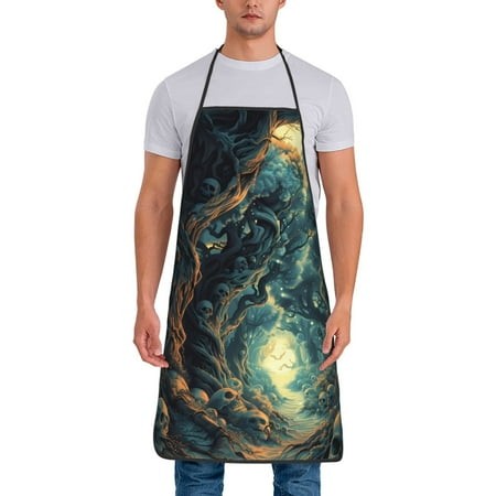 Uemuo Enchanted Forest Skull Path Printed Bib Apron  Adjustable   Water and Oil Resistant  Cooking Kitchen Chef Apron for Women Men