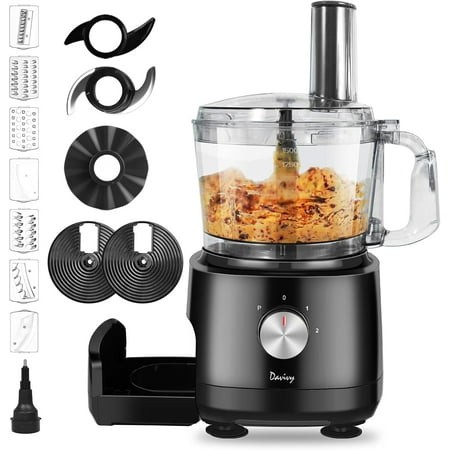 Davivy 7 Cup Food Processor 10 Functions Built-in Storage Drawer Vegetable Chopper with 10 Set Blades French Fry Cutting Wavy Slicing for Home Use 2-S