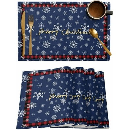 Placemats Set of 6  Cotton Linen Heat Table Mats Non-Slip Washable Merry Christmas Snowflake Blue Red Buffalo Placemat for Holiday Banquet Dining Kitc