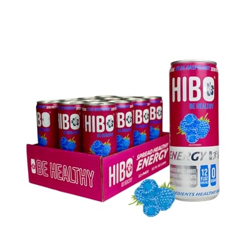 All Natural Zero Sugar HIBO Energy Drink, Blue Raspberry 12 FL OZ (Pack of 12) - Gut Healthy Fiber - Sugar Free - Preservative Free - Natural Energy D