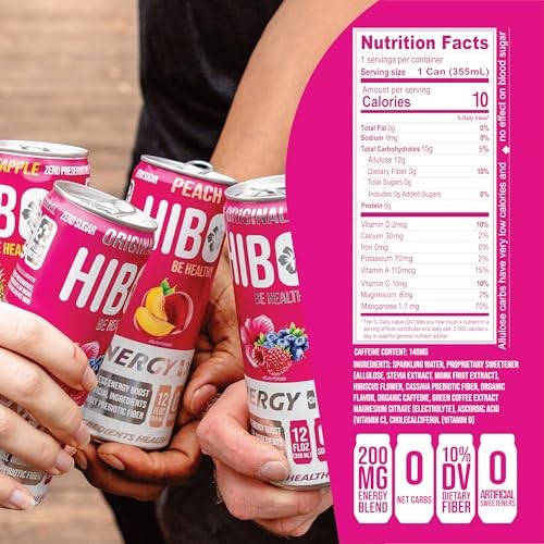 All Natural Zero Sugar HIBO Energy Drink, Blue Raspberry 12 FL OZ (Pack of 12) - Gut Healthy Fiber - Sugar Free - Preservative Free - Natural Energy D thumbnail