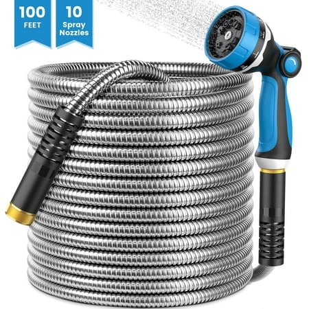 OHHANI Hose  100 Ft X 5/8   Stainless Steel Garden Hose with 10-Function Sprayer  No Kink