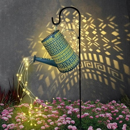 TRAHOO-Solar Outdoor Watering Can Lights Decorative Path Lights  Metal Glass Solar Powered Garden Waterfall Decor Ornament for Yard Lighting Outside
