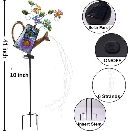 THESG-Solar Outdoor Watering Can Lights-Butterfly Decorative Path Lights  Metal Glass Solar Powered Garden Waterfall Decor Ornament for Yard Lighting 