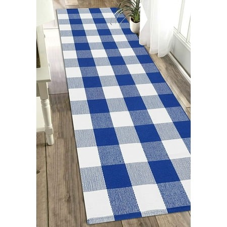 Buffalo Plaid Runner Rug  2  X 6   Blue and White  Cotton  Machine Washable  Kitchen  Bedroom  Living Room