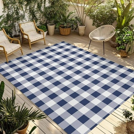 Fsddascl Navy Blue White Plaid Outdoor Rug for Patio/Deck/Porch  Non-Slip Large Area Rug 4 X 6 Ft  Farmhouse Checkered Buffalo Indoor Outdoor Rugs Was