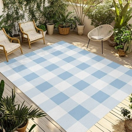 Fsddascl Blue Checkered Outdoor Rug for Patio/Deck/Porch  Non-Slip Large Area Rug 6 X 9 Ft  Blue White Buffalo Plaid Indoor Outdoor Rugs Washable Area
