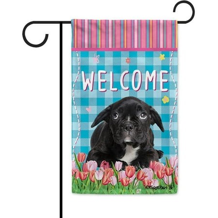 Dog Spring Summer Welcome Garden Flag French Bulldog Tulip Flowers Blue Buffalo Plaid Outside Yard Decor Flag Banner 12.5X18 Inch Double Side Style 9