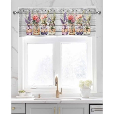 Faux Linen Valances for Windows Valentine S Day Roses Lavender Love Glass Vase Wood Grain Curtains Valance Light Filtering Rod Pocket Small Window Tre