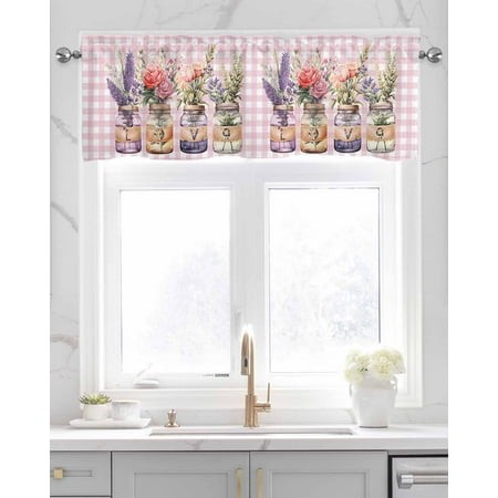Faux Linen Valances for Windows Valentine S Day Roses Lavender Love Glass Vase Pink Plaid Curtains Valance Light Filtering Rod Pocket Small Window Tre